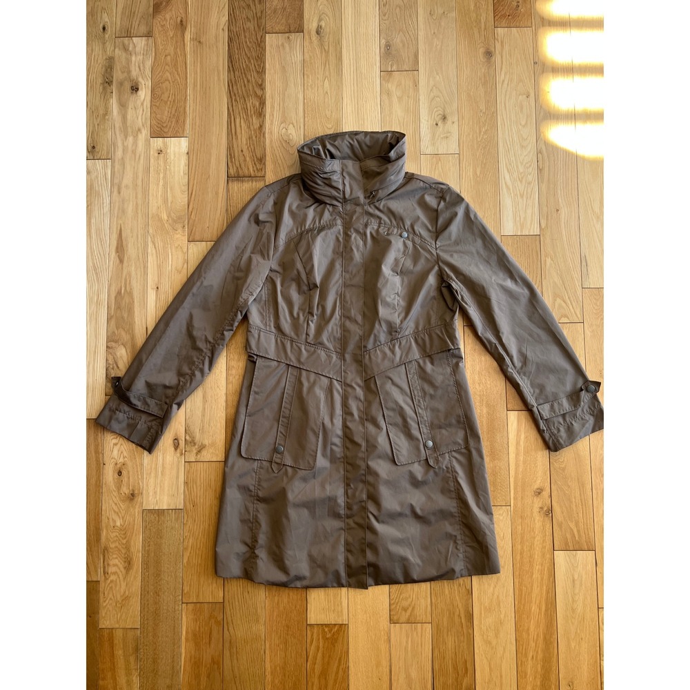 Cole Haan Trench Coat Rain Jacket High Neck Hidden Hood Brown Womens Size L